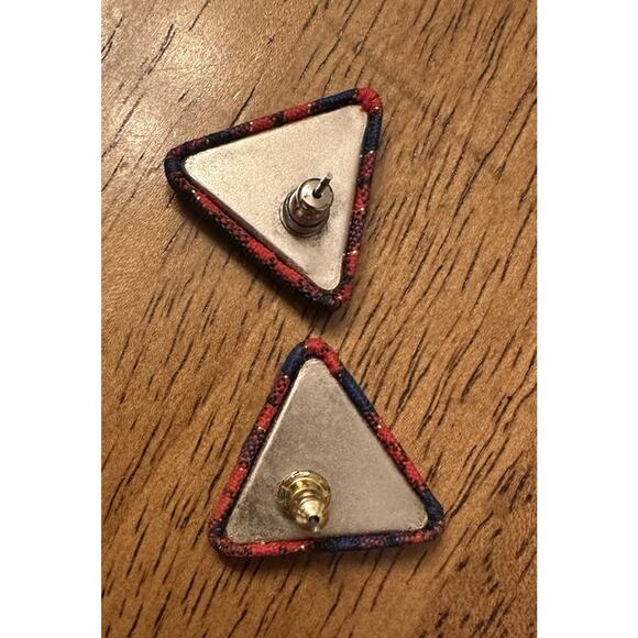 Vintage Plaid Cloth Triangle Earrings Red Navy Gold Xmas Holiday Academia Retro - Picture 2 of 3